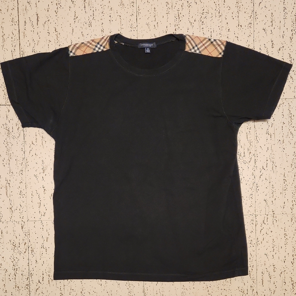 Burberry London Black Plaid Shoulder Accent Spellout Crewneck T-Shirt